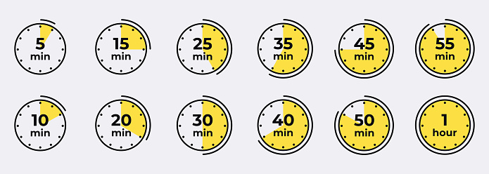 Timer, clock, stopwatch isolated set icons. Countdown timer symbol icon set. Label cooking time. Vector