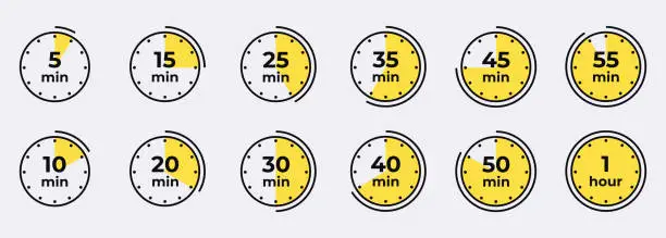 Vector illustration of Timer, clock, stopwatch isolated set icons. Countdown timer symbol icon set. Label cooking time. Vector illustration