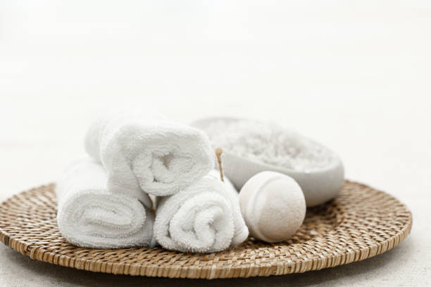 istock Spa composition with towels, bath bombs and sea salt. 1465649398