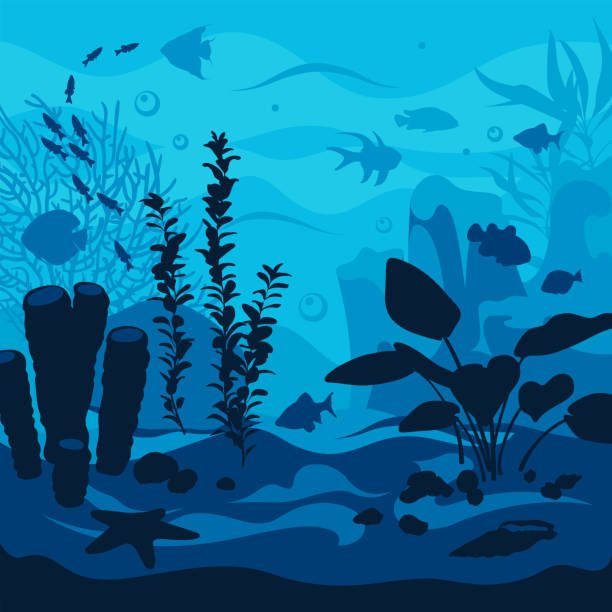 ilustrações de stock, clip art, desenhos animados e ícones de vector ocean world. deep seascape with seaweeds, fish and corals. aquatic ecosystem. - starting at the bottom