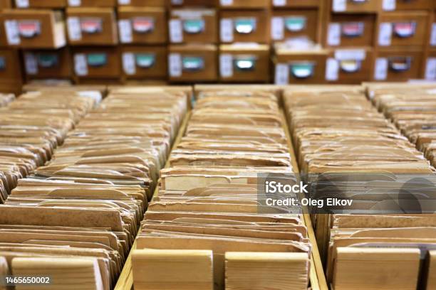 Library Catalogue Cards In Old Wooden Box Stock Photo - Download Image Now - Archival, Evidence, File Folder