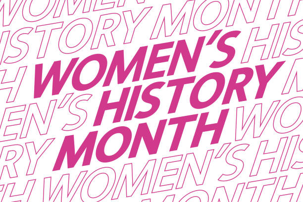 March is Women's History Month greeting card. Pink text on white background, vector. women history month stock illustrations