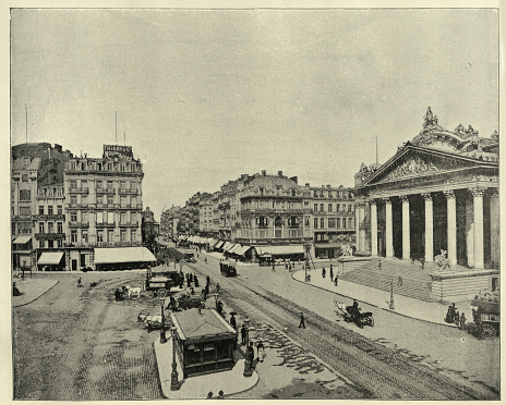 Vintage illustration after a photograph of Boulevard Anspach or Anspachlaan is a central boulevard in Brussels, Belgium, 19th Century