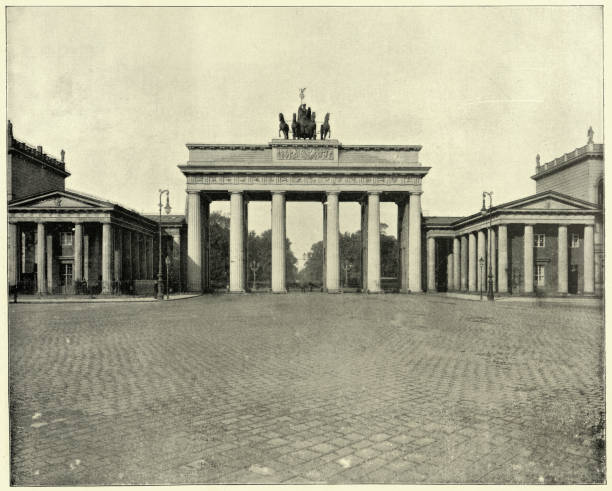 Brandenburg Gate an 18th century neoclassical monument in Berlin, Germany, Historic landmarks, Vintage photograph Vintage illustration after a photograph of Brandenburg Gate an 18th century neoclassical monument in Berlin, Germany brandenburger tor stock illustrations
