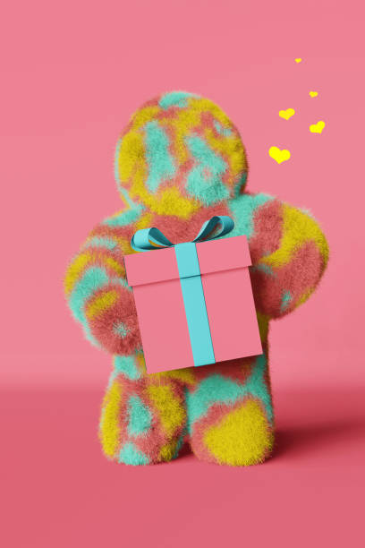 istock Cute plush rainbow Yeti with gift box hearts 3d rendering Valentines day pink background Contemporary advertising banner 1465655374