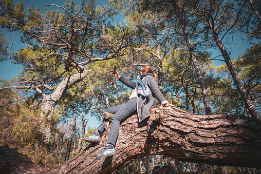 Woman taking selfie on phone while sitting in a tree alone in the forest