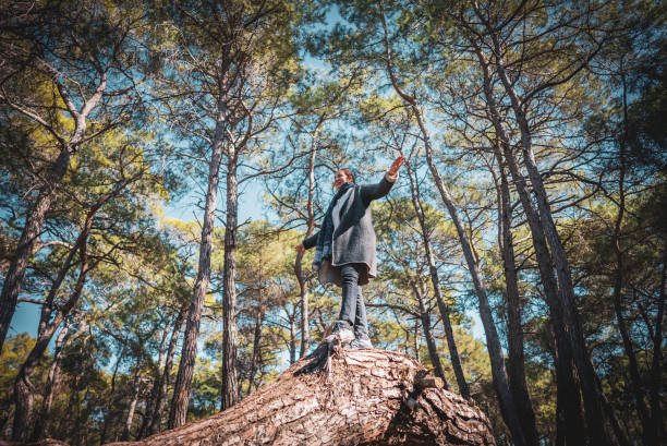 istock Mature woman balancing on a log, during her hike in forest 1465656325