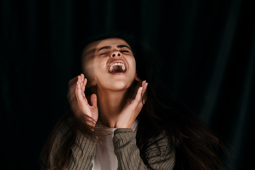 Mental health, problem and woman in studio psychology, trauma and schizophrenia on black background mockup. Stress, anxiety and girl phobia, bipolar or insomnia disorder suffering identity conflict