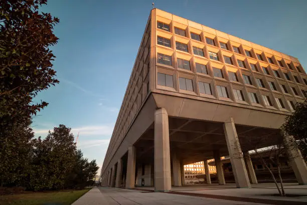 The golden hour at the James V. Forrestal Building Building, the headquarters of the United States Department of Energy, in downtown Washington, DC at sunset.