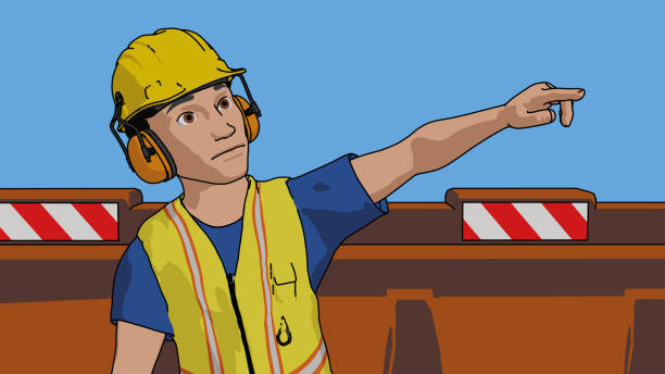 ilustrações de stock, clip art, desenhos animados e ícones de cartoon worker man at work yellow bib and hard hat construction site vector illustration - hat construction site construction sign