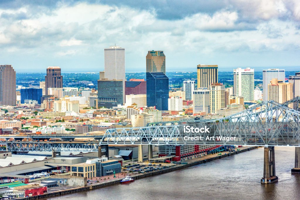 New Orleans Skyline Aerial view of the skyline of the beautiful city of New Orleans, Louisiana, on a cloudy autumn morning. New Orleans Stock Photo