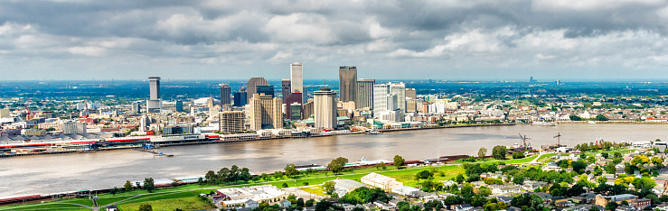 Aerial view of the skyline of the beautiful city of New Orleans, Louisiana, on a cloudy autumn morning.