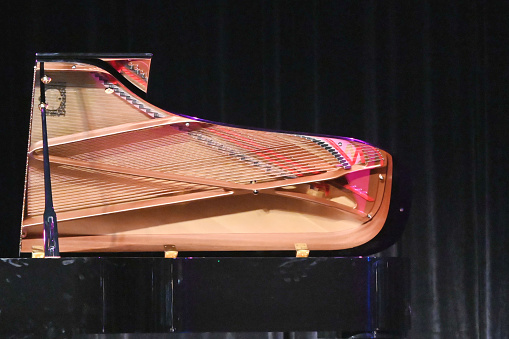 Grand piano with lid open.