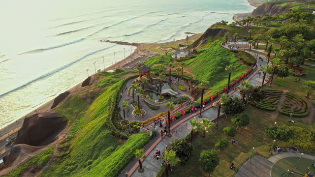 Panoramic aerial view of Miraflores town boardwalk chinese park  in Lima, Peru.