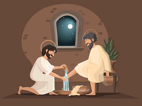 Jesus Christ and Peter. The washing of the feet. Maundy Thursday. Vector illustration
