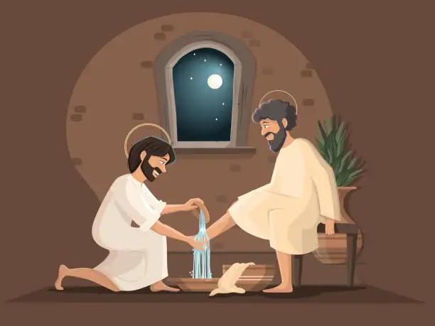 Vector illustration of Jesus Christ and Peter. The washing of the feet. Maundy Thursday