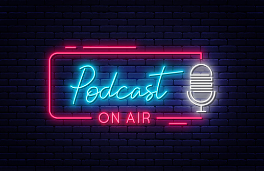 Podcast neon signboard. Podcast on air neon light sign with glowing letters and microphone. Bright banner and poster template for live interview, broadcast and podcast. Vector