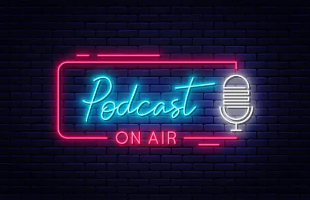 Vector illustration of Podcast neon signboard. Podcast on air neon light sign with glowing letters and microphone. Bright banner and poster template for live interview, broadcast and podcast