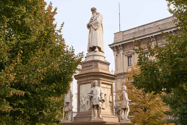 Photo of Monument to Leonardo da Vinci built by Pietro Magni in 1872 in Milan, Italy on Piazza della Scala. You can also see the sculpture dedicated to Marco d'Oggiono.