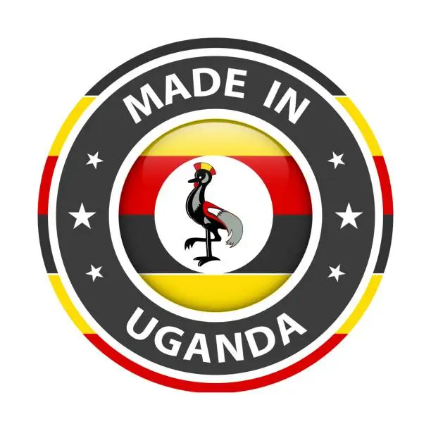 Vector illustration of Made in Uganda badge vector. Sticker with stars and national flag. Sign isolated on white background.