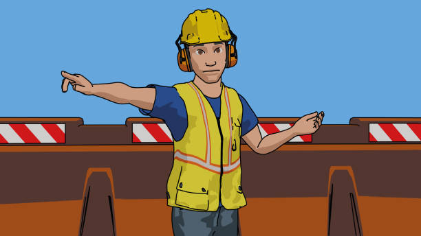 cartoon worker man boss at work yellow bib and hard hat construction site illustration illustration - hat construction site construction sign stock illustrations