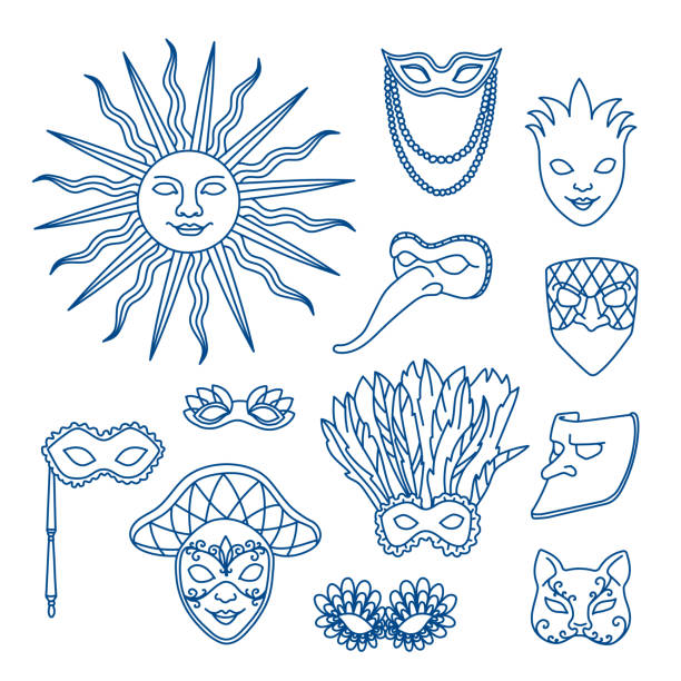 Venice carnival traditional masks Hand drawn vector illustration. Outline stroke is not expanded, stroke weight is editable fool moon stock illustrations