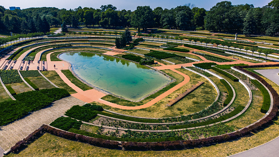 Small lake and rosarium in Cytadela park from above, Poznan, Poland.