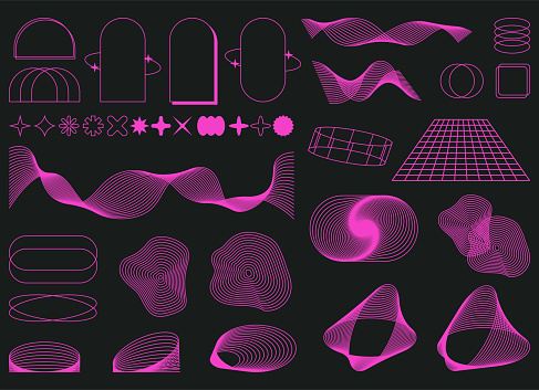 Set of Abstract geometric shapes trending futuristic line design elements, infographic shapes. Modern trendy retro futurism digital vaporwave. Retrofuturistic Vector illustration for UI and UX