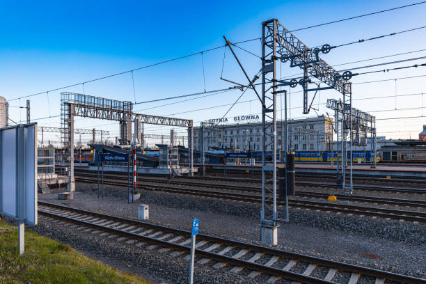 Gdynia, Poland - April 2022: Square full of rails and platforms next to main railway station