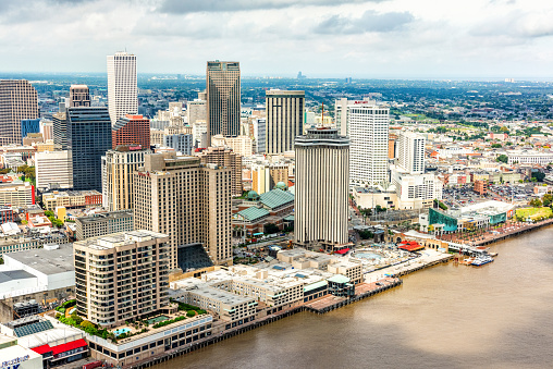 Aerial view of the skyline of the beautiful city of New Orleans, Louisiana, on a cloudy autumn morning.