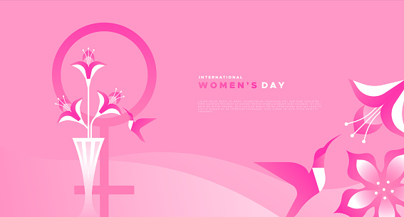 International Women's Day greeting card template illustration of spring flowers and humming bird in abstract flat gradient style. Pink feminine design for 8 march event.