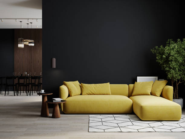 istock Dark room interior, living room interior mockup, empty black wall and yellow sofa, 3d rendering 1465678124