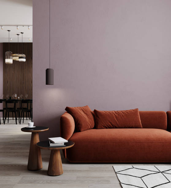 istock Home interior mock-up with red sofa, coffee table, lamp and decor in living room, 3d rendering 1465678145