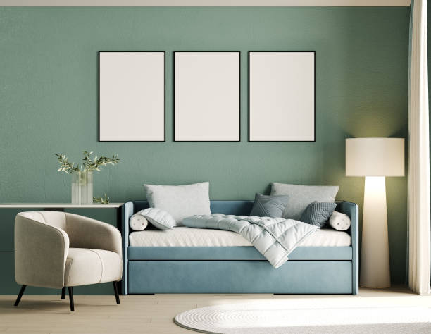 istock Mock up poster frames in modern green children room, 3d rendering 1465678159