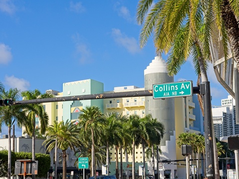 Ocean Drive sign with palm trees in Miami Beach, Florida USA