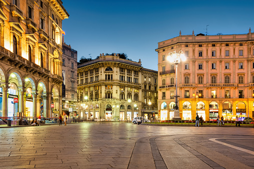 Cathedral Square (Piazza del Duomo) in downtown Milan, Lombardy, Italy at night