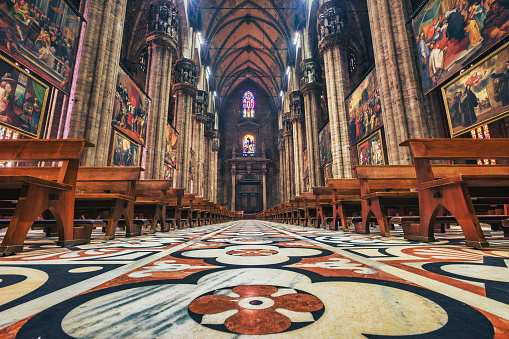 Nave of the landmark Milan Cathedral in Milan, Lombardy, Italy.