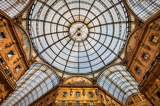 The skylight of Galleria Vittorio Emanuele II Shopping Arcade in Milan, Lombardy, Italy.