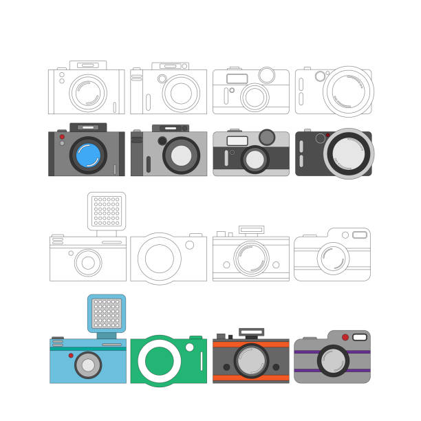 ilustraciones, imágenes clip art, dibujos animados e iconos de stock de conjunto de iconos de cámara - silhouette photographer photographing photograph