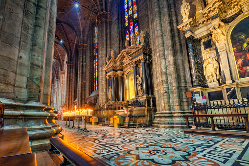 Interior of the landmark Milan Cathedral in Milan, Lombardy, Italy.