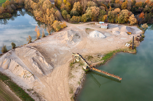 Extracting sand from the lake, aerial view.
