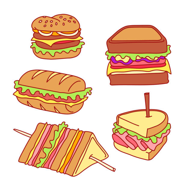 ilustrações, clipart, desenhos animados e ícones de sanduíches e hambúrgueres - sandwich turkey bread toast