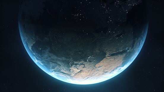 3d Render The planet Earth is accompanied by lens flare appearing from space, Night View (close-up)
Maps, Cloud and other textures By NASA
https://visibleearth.nasa.gov/collection/1484/blue-marble