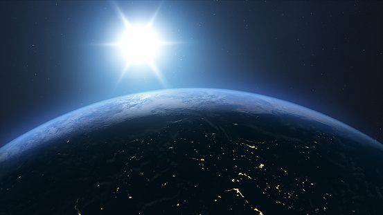 3d Render The planet Earth is accompanied by lens flare appearing from space, Night View (close-up)\nMaps, Cloud and other textures By NASA\nhttps://visibleearth.nasa.gov/collection/1484/blue-marble