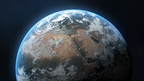 3d Render The planet Earth, Lighting of Sun lights, Space View (close-up)\nMaps, Cloud and other textures By NASA\nhttps://visibleearth.nasa.gov/collection/1484/blue-marble