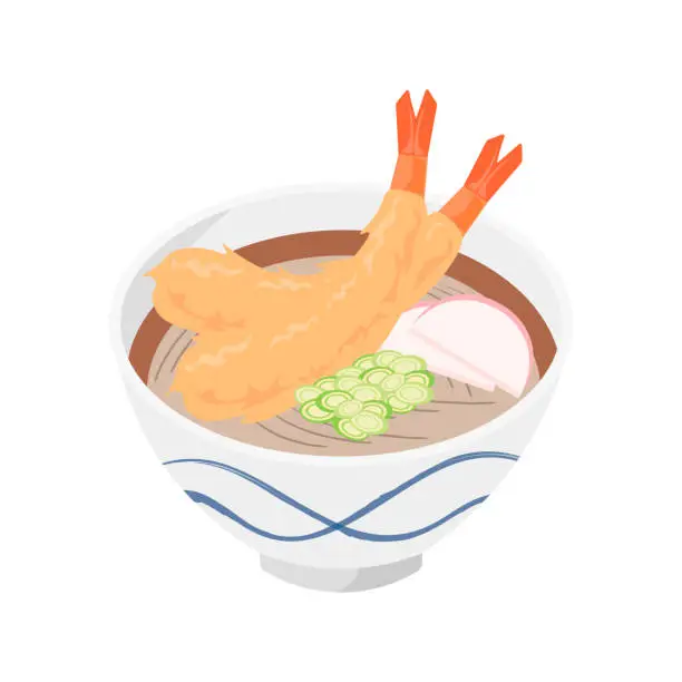 Vector illustration of Japanese Food, Tempura Soba. Shrimp, Kamaboko, Leeks.