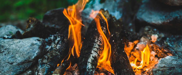 istock Vivid smoldered firewoods burned in fire close-up. Atmospheric warm background with orange flame of campfire and blue smoke. Unimaginable full frame image of bonfire. Burning logs in beautiful fire. 1465698585