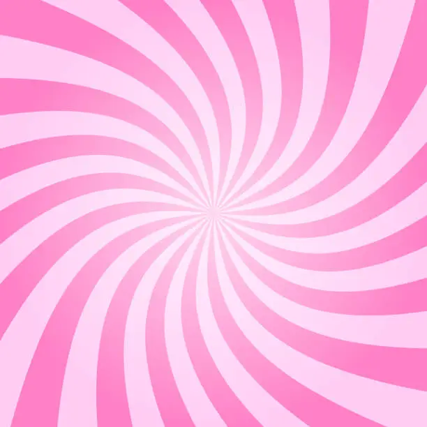 Vector illustration of Radial twisted stipes, pinwheel pattern, vortex rosy sunset. Pink circus, festival or carnival background. Strawberry bubble gum, sweet lollipop candy, ice cream texture