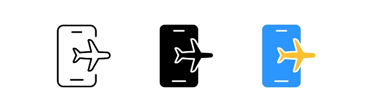 Airplane mode icons set. Smartphone, application, network, connection, features, disable, location, privacy, internet, security. Technology concept. Vector line icon in different styles