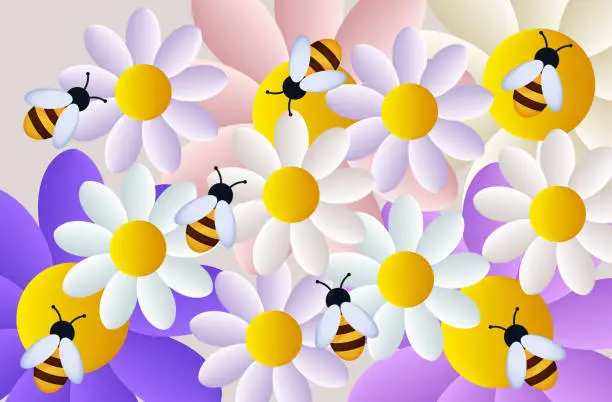 Vector illustration of Swarm of bees 3d. Flight of insects in the garden or field with flowers, collection of nectar in the apiary. Pollination flowers, active joint labor. Bees with chamomile and daisies. Vector.